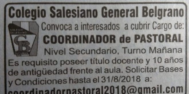 Convocatoria para cubrir cargo de Coordinador de Pastoral